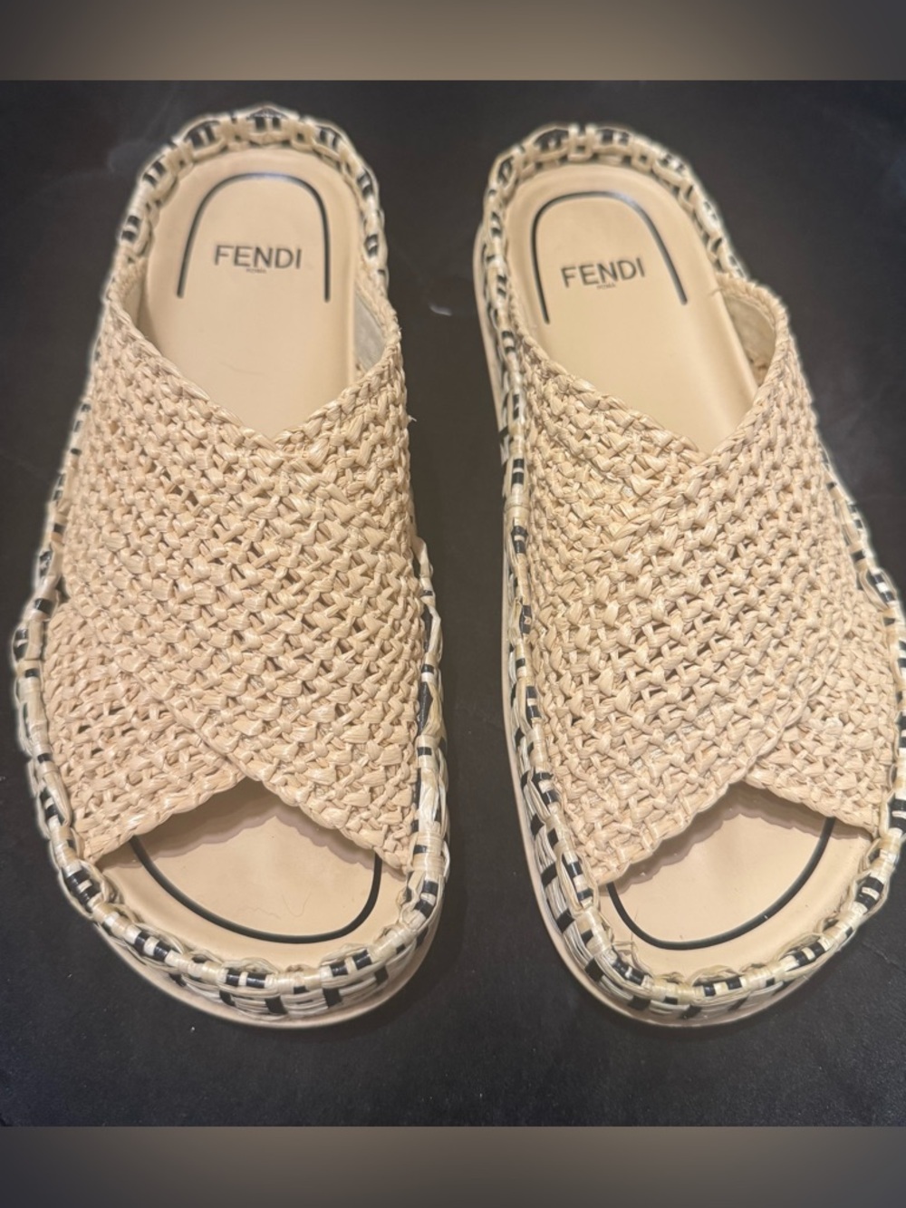 Fendi Beige Raffia Slide Sandals - Picture 2 of 8